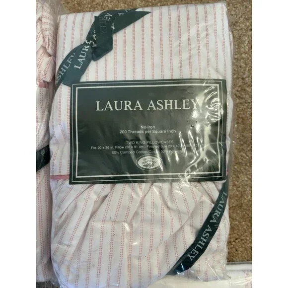 NEW VTG Laura Ashley Ticking Stripe Cal King Fitted Flat Sheet Set Burlington